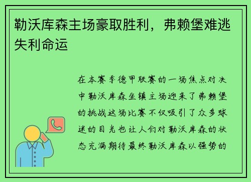 勒沃库森主场豪取胜利，弗赖堡难逃失利命运